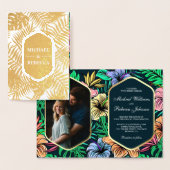 ミッドナイトブルーゴールドフォイルトロピカルウェディング招待 箔カード (ディスプレー)