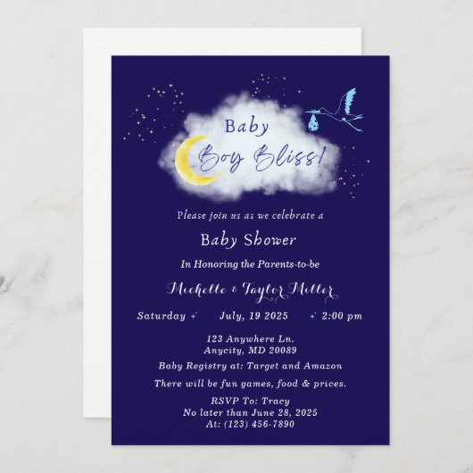 ミッドナイトブルースターライト男の赤ちゃんブリスストーク 招待状 (正面/裏面)