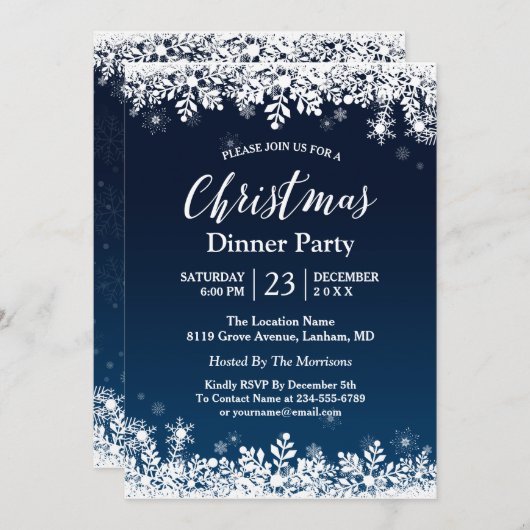 ミッドナイトブルースノーフレークスホワイトクリスマスパーティー 招待状 (正面/裏面)