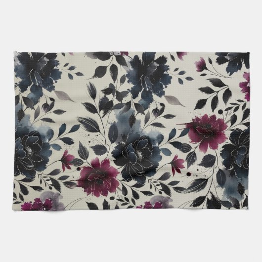 ミッドナイトブルーバーガンディーインキーフローラアーモンドベージュ キッチンタオル (横)