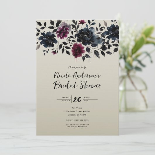 ミッドナイトブルーバーガンディーインクィーフローラアーモンドブライダル 招待状 (スタンド正面)