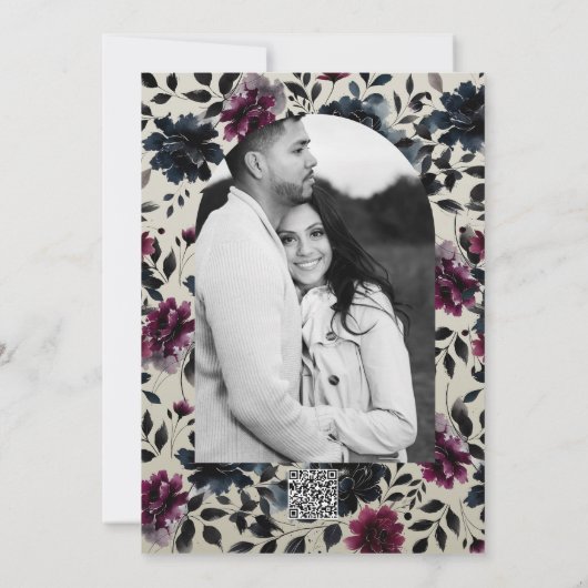 ミッドナイトブルーバーガンディーインクィーフローラアーモンドブライダル 招待状 (裏面)