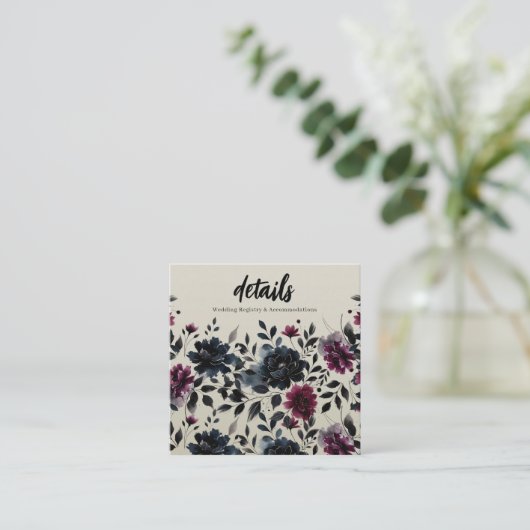 ミッドナイトブルーバーガンディーインクィーフローラアーモンド詳細 スクエア名刺 (スタンド正面)