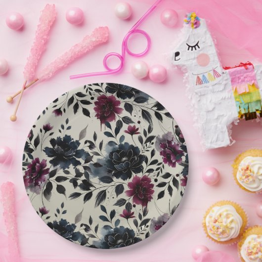 ミッドナイトブルーバーガンディーインクィーフローラアーモ結婚ンドズ ペーパープレート (パーティー)