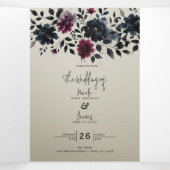 ミッドナイトブルーバーガンディーインクィーフローラアーモ結婚ンドズ 三つ折り招待状 (内部中)