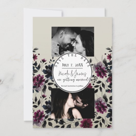 ミッドナイトブルーバーガンディーインクィーフローラアーモ結婚ンドズ 招待状 (正面)