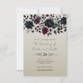 ミッドナイトブルーバーガンディーインクィーフローラアーモ結婚ンドズ 招待状 (正面)