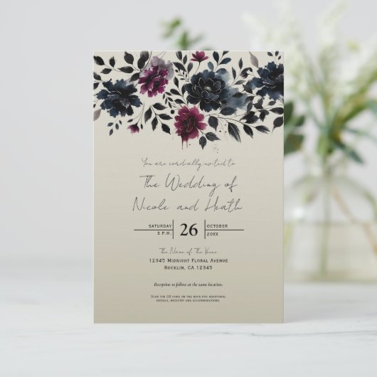 ミッドナイトブルーバーガンディーインクィーフローラアーモ結婚ンドズ 招待状 (スタンド正面)