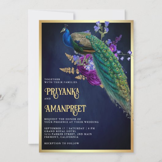 ミッドナイトブルーパープルフローラインディアンピーコック結婚ズ 招待状 (正面)
