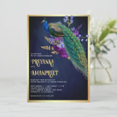 ミッドナイトブルーパープルフローラインディアンピーコック結婚ズ 招待状 (スタンド正面)