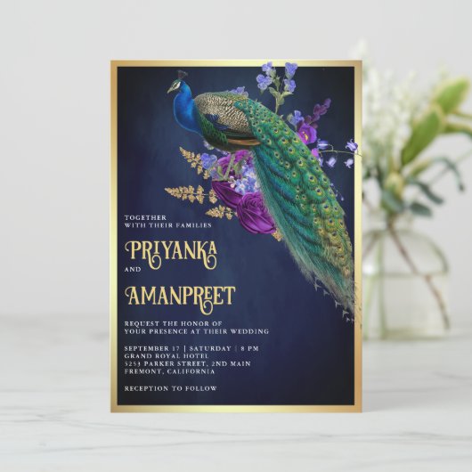 ミッドナイトブルーパープルフローラインディアンピーコック結婚ズ 招待状 (スタンド正面)