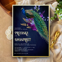 ミッドナイトブルーパープルフローラインディアンピーコック結婚ズ 箔招待状