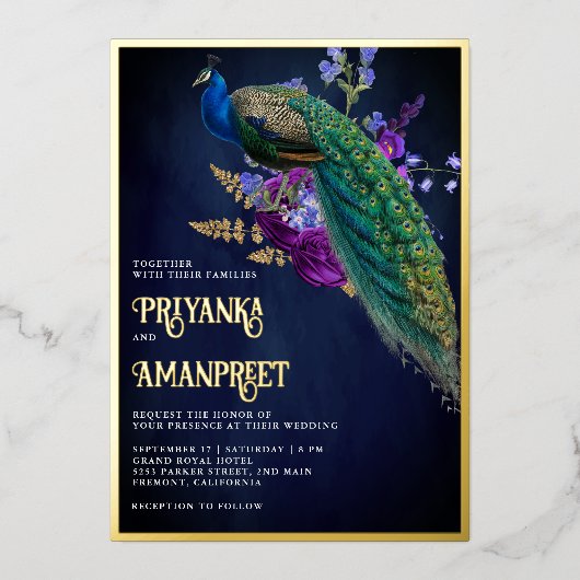 ミッドナイトブルーパープルフローラインディアンピーコック結婚ズ 箔招待状 (正面)