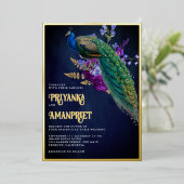 ミッドナイトブルーパープルフローラインディアンピーコック結婚ズ 箔招待状 (立ち正面)