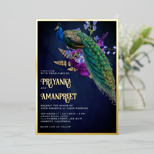 ミッドナイトブルーパープルフローラインディアンピーコック結婚ズ 箔招待状 (立ち正面)