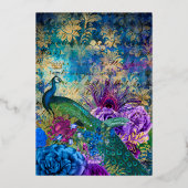 ミッドナイトブルーパープルフローラインディアンピーコック結婚ズ 箔招待状 (裏面)