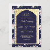 ミッドナイトブルーピンクフローラ金ゴールドアーチムスリム結婚ズ 招待状 (正面)