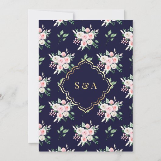 ミッドナイトブルーピンクフローラ金ゴールドアーチムスリム結婚ズ 招待状 (裏面)
