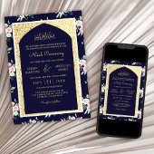 ミッドナイトブルーピンクフローラ金ゴールドアーチムスリム結婚ズ 招待状