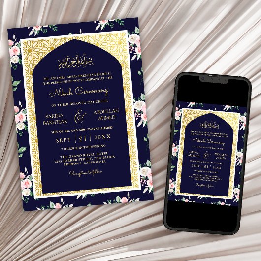 ミッドナイトブルーピンクフローラ金ゴールドアーチムスリム結婚ズ 招待状