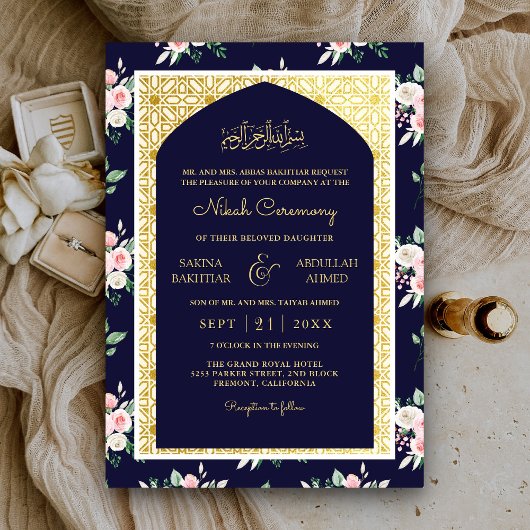 ミッドナイトブルーピンクフローラ金ゴールドアーチムスリム結婚ズ 招待状