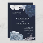 ミッドナイトブルーフローラシルバーリーフロマンチック結婚ズ 招待状 (正面/裏面)