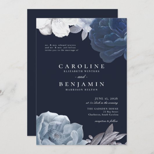 ミッドナイトブルーフローラシルバーリーフロマンチック結婚ズ 招待状 (正面/裏面)