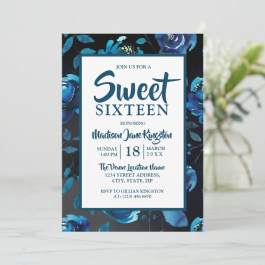 ミッドナイトブルーフローラブラックエレガントスウィート16招待状 招待状 (スタンド正面)