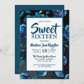 ミッドナイトブルーフローラブラックエレガントスウィート16招待状 招待状 (正面/裏面)