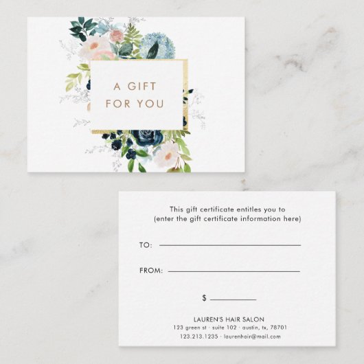 ミッドナイトブルーフローラ縁ど金ゴールドギフト券 名刺 (正面/裏面)