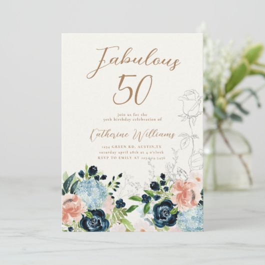 ミッドナイトブルーフローラ50th誕生日招待状 招待状 (スタンド正面)