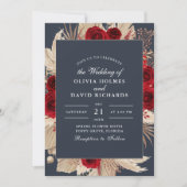 ミッドナイトブルーブルゴーニュバラ結婚式招待状 招待状 (正面)