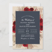 ミッドナイトブルーブルゴーニュバラ結婚式招待状 招待状 (正面)