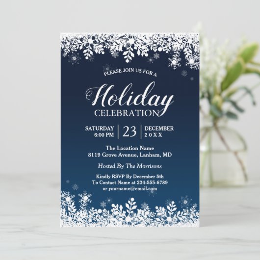 ミッドナイトブルーホワイトスノーフレークスホリデイお祝い 招待状 (スタンド正面)