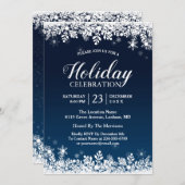 ミッドナイトブルーホワイトスノーフレークスホリデイお祝い 招待状 (正面/裏面)