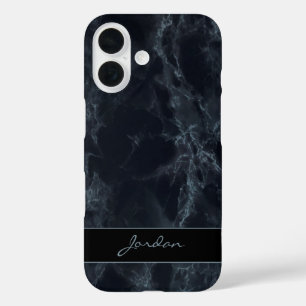 ミッドナイトブルーポリッシュ大理石名付き iPhone 16ケース