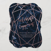 ミッドナイトブルーマーブル+フェイクバラ金ゴールド婚約 招待状 (正面/裏面)