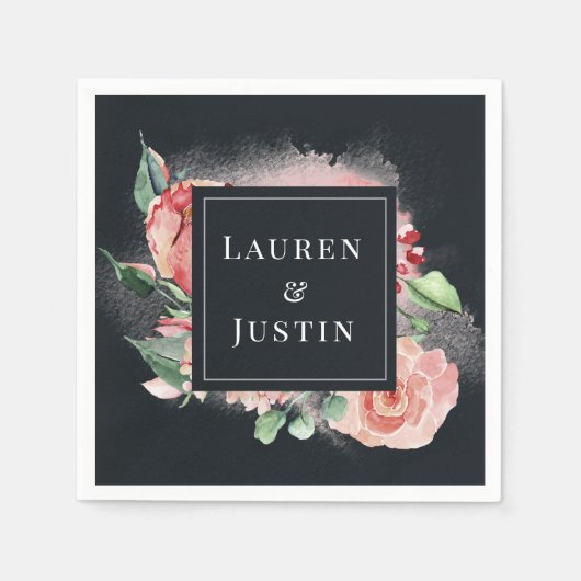 ミッドナイトブルーム フローラル モノグラム ペーパーナプキン スタンダードカクテルナプキン (正面)