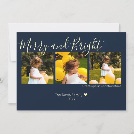 ミッドナイトブルーメリークリスマスと明るい3枚の写真 シーズンカード (正面)