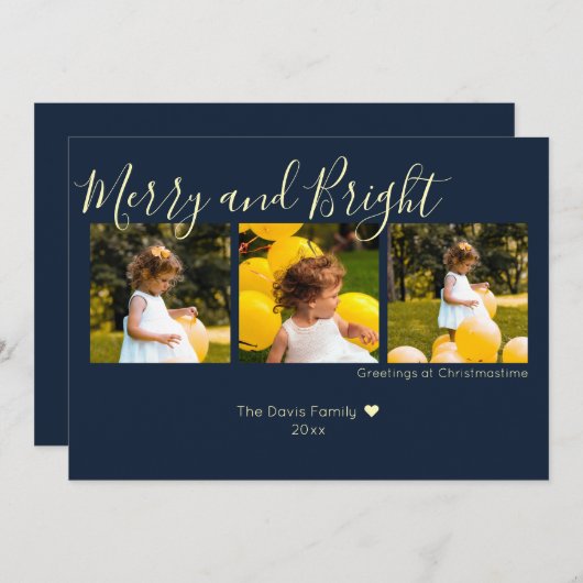 ミッドナイトブルーメリークリスマスと明るい3枚の写真 シーズンカード (正面/裏面)