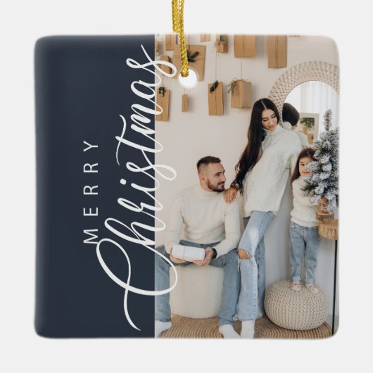 ミッドナイトブルーメリークリスマスフォト セラミックオーナメント (正面)