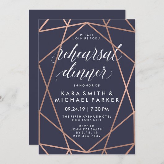 ミッドナイトブルー幾何結婚リハーサルディナー 招待状 (正面/裏面)