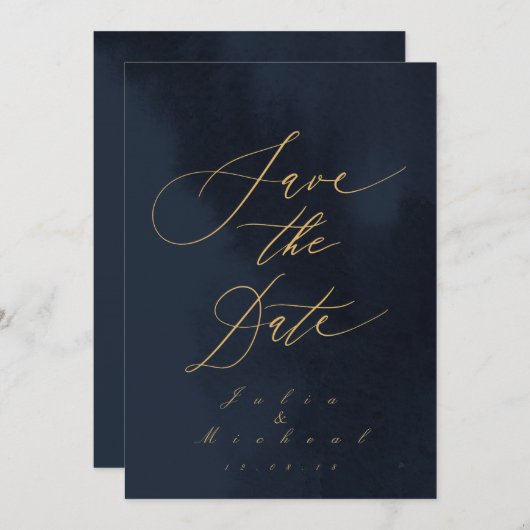 ミッドナイトブルー書道結婚式の日付を保存 招待状 (正面/裏面)