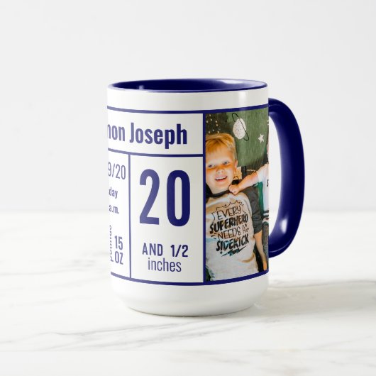 ミッドナイトブルー男の赤ちゃんフォト誕生レコードStat Mag マグカップ (正面右)