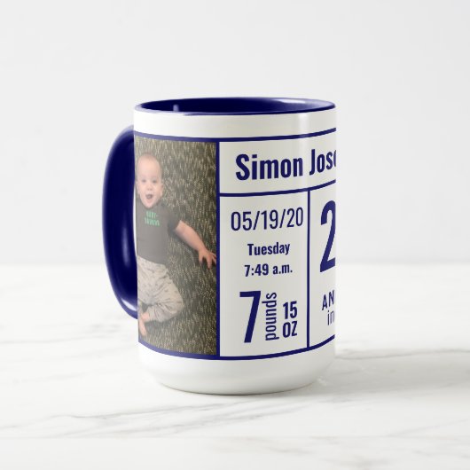 ミッドナイトブルー男の赤ちゃんフォト誕生レコードStat Mag マグカップ (正面左)