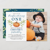 ミッドナイトブルー秋パンプキンファースト誕生日写真 招待状 (正面/裏面)