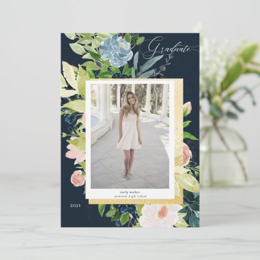 ミッドナイトブルー赤面フローラ写真卒業カード セーブザデート (スタンド正面)