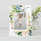 ミッドナイトブルー赤面フローラ写真卒業カード セーブザデート (スタンド正面)