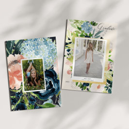 ミッドナイトブルー赤面フローラ写真卒業カード セーブザデート