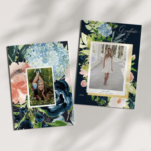 ミッドナイトブルー赤面フローラ写真卒業カード セーブザデート